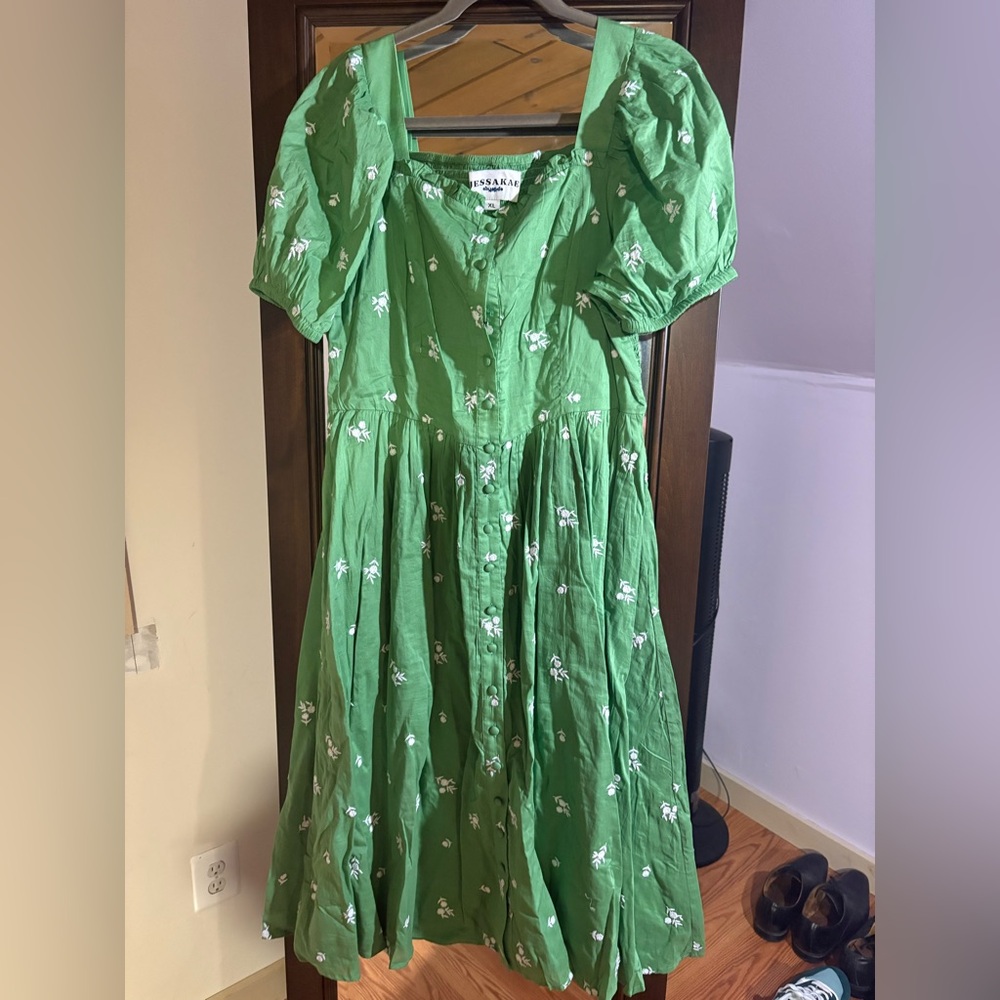 JessaKae Green Juniper Dress with White Floral Embroidery